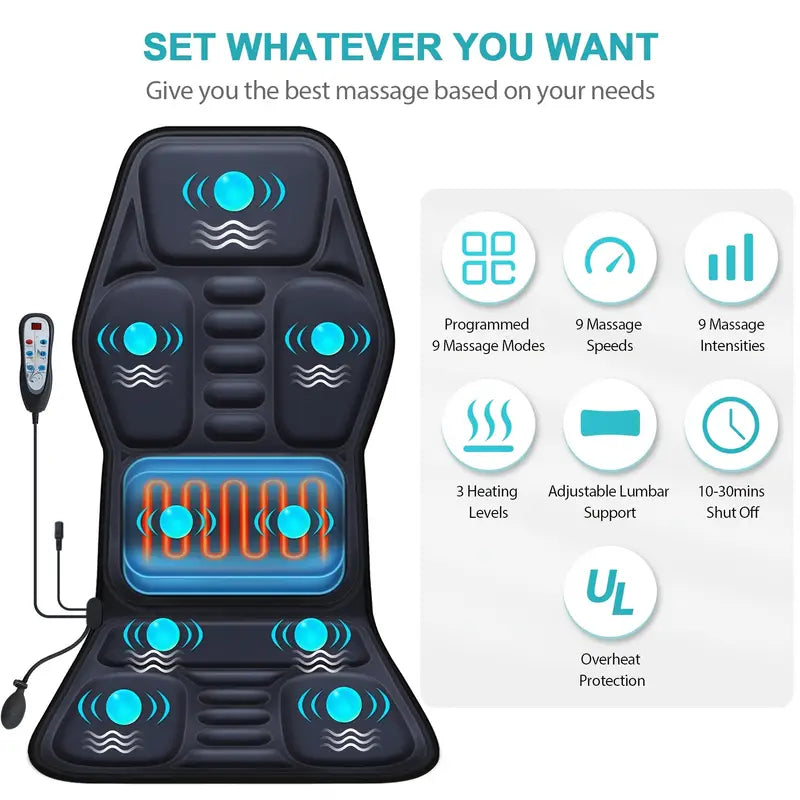 Massage seat cushion with heating, with adjustable lumbar support